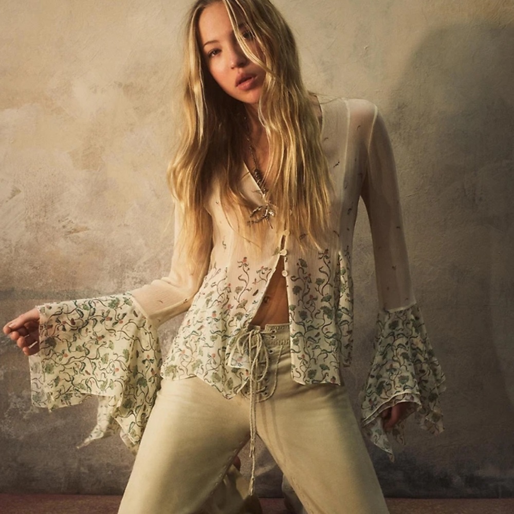 KATE MOSS x Zara Sheer Silk Printed Blouse in Cream and Sage Green